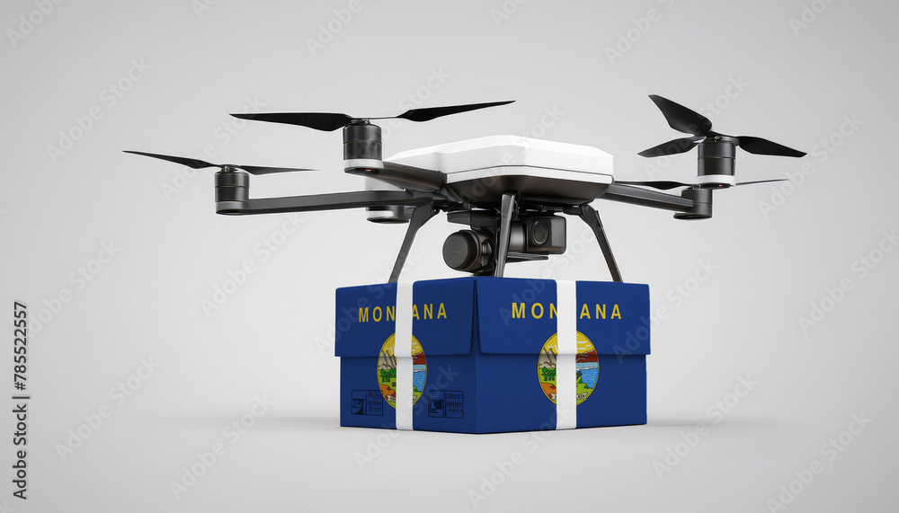 Fototapeta premium A drone carrying a box with the Montana flag, symbolizing the future of e-commerce and logistics