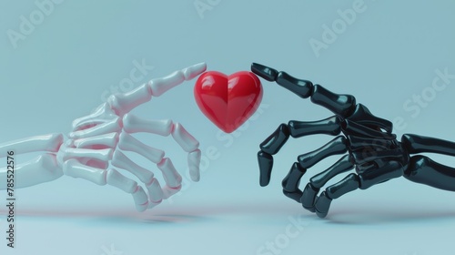 Isolated human gesticulation elements, modern illustration, 3D rendering of black and white palms with bones holding smartphone, pointing with finger, holding red heart.