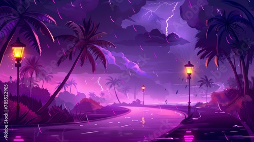 The landscape road turns at night with palm trees and lanterns in front of a seascape view. Rain with lightning, tropical storm, wet highway, dark purple sky with flashes, Cartoon modern