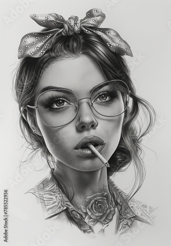 portrait of young woman with tattoo with bandana Rockabella and glasses black and white portrait drawing of girl with cigarette photo