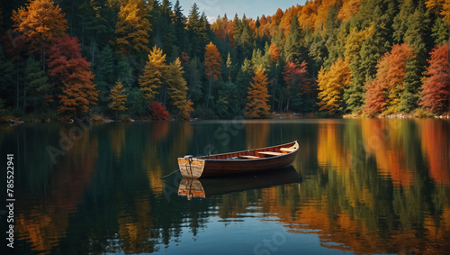 A boat sits calmly in a lake surrounded by trees with fall foliage.