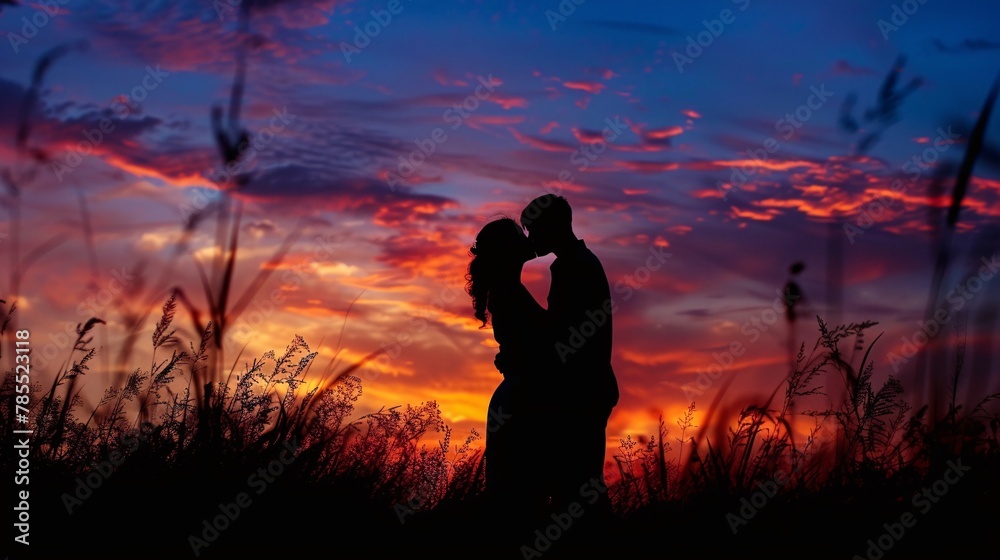 Silhouette of a couple kissing under a colorful sunset, with warm hues blending in the sky. The scene evokes love, romance, and tranquility 02