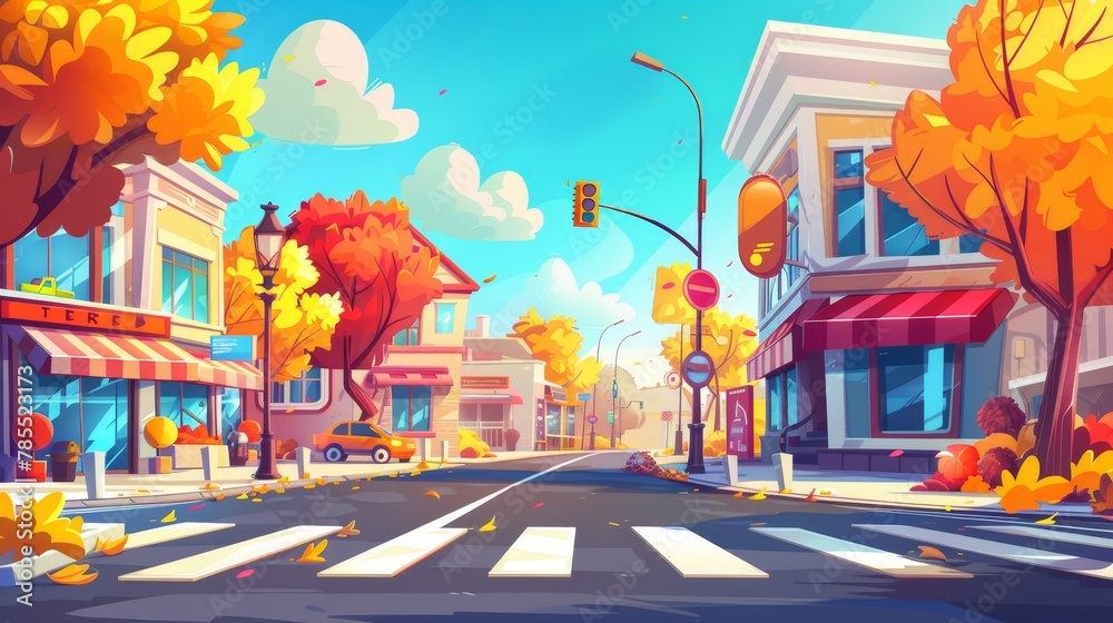 Autumn city street corner with buildings, crosswalk, empty road, and traffic lights. Modern illustration of cartoon houses, cafes, shops, and yellow trees under a blue sky.