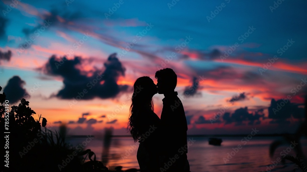 Silhouette of a couple kissing against the warm colors of a sunset sky 01