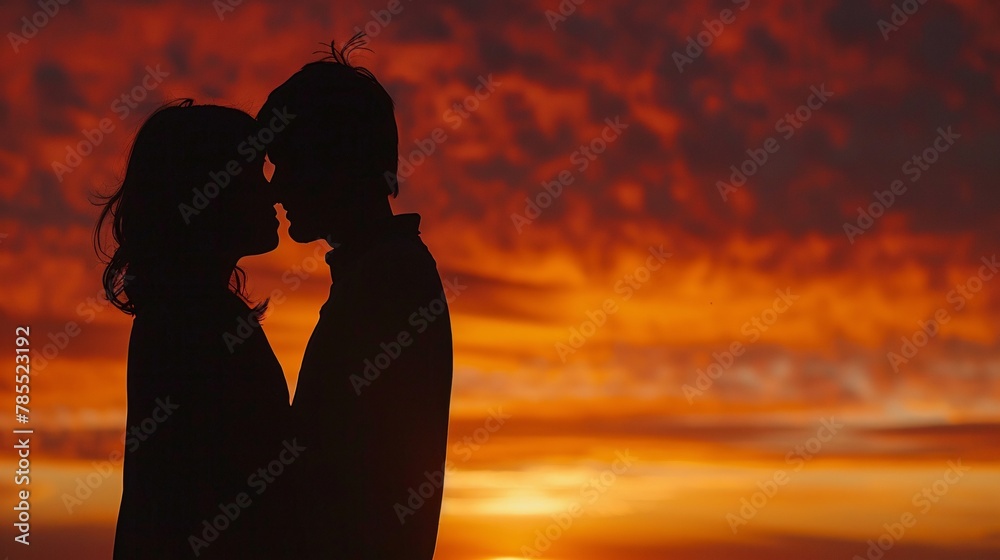 Silhouette of a couple kissing against the warm colors of a sunset sky 02