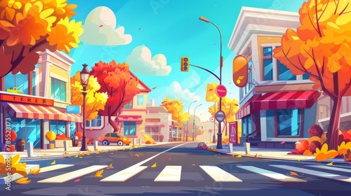 Autumn city street corner with buildings, crosswalk, empty road, and traffic lights. Modern illustration of cartoon houses, cafes, shops, and yellow trees under a blue sky. © Mark