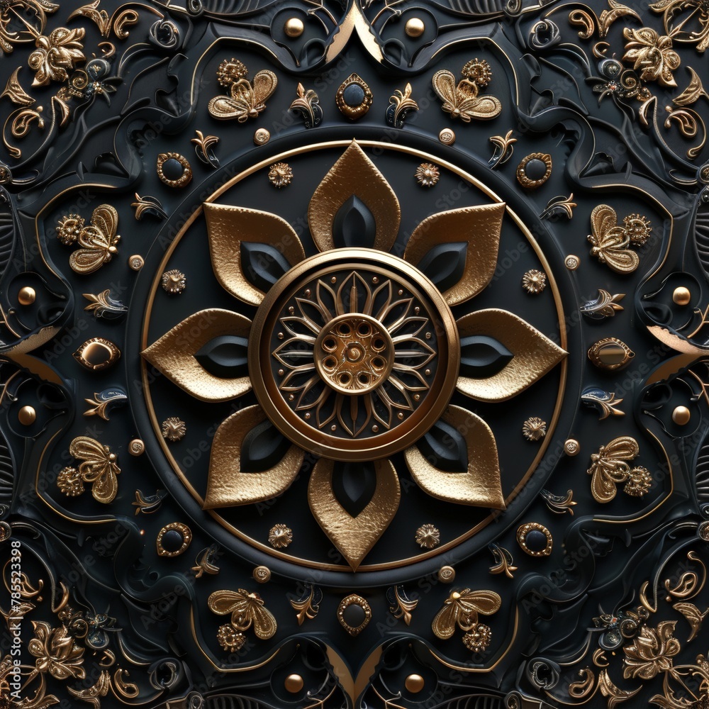 Detailed gold mandala design on metal plate