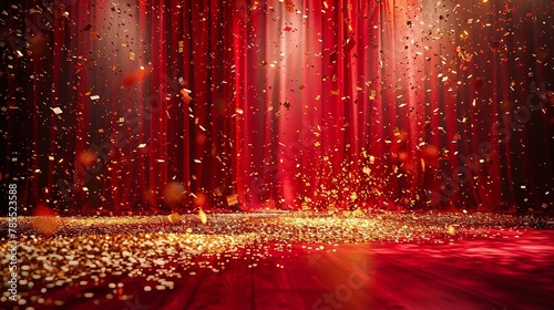 Victorious red stage with shimmering gold foil confetti, festive celebration theme