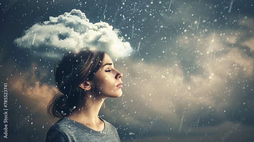 Profile view of a young woman with rainy clouds above her head Profile view of a young woman with rainy clouds above her head