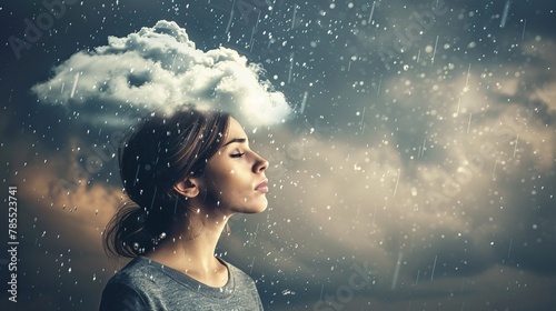 Profile view of a young woman with rainy clouds above her head