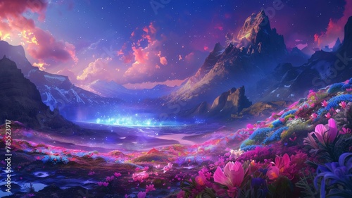 Fantasy alien planet. Mountain landscape with lake and flowers. 3D illustration