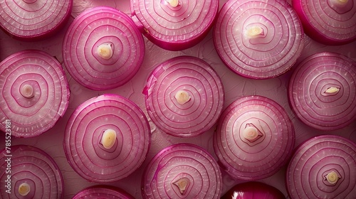 Overhead shot of neatly cut red onion circles in detailed texture