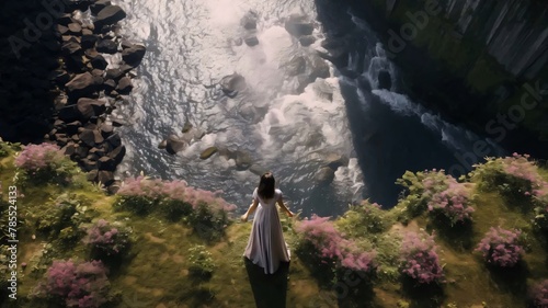 Girl in a white dress on a background of a waterfall. 3d rendering