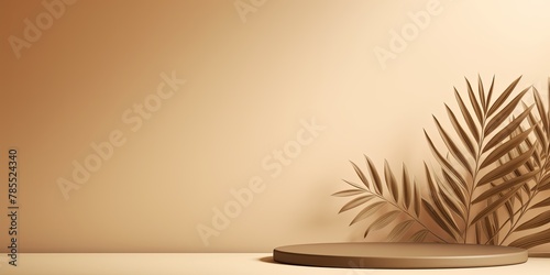 Tan background with shadows of palm leaves on a tan wall, an empty table top for product presentation. A mockup banner stand podium
