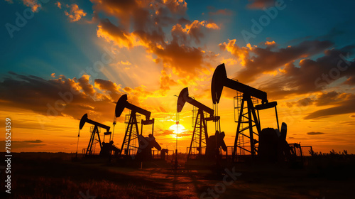 A sunset over a field of oil wells photo