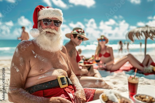 Lifelike portrait of Santa Claus enjoying a beachside barbecue with friends, basking in the summer sun 03