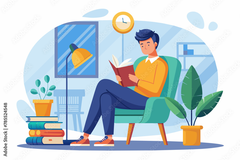 man reading a book on chair, flat style man reading a book on chair, flat style