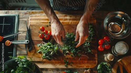A man cooking salad with microgreens and vegetables, healthy food preparing, AI generated image