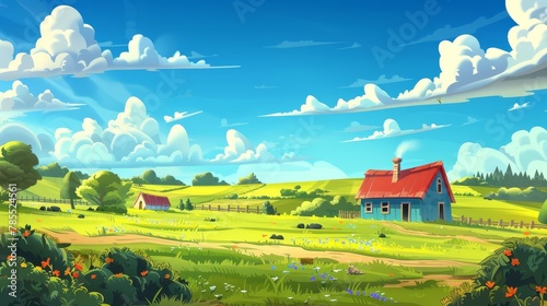 Modern illustration of a rural landscape with a house, farm buildings, green field under a clear blue sky with white clouds.