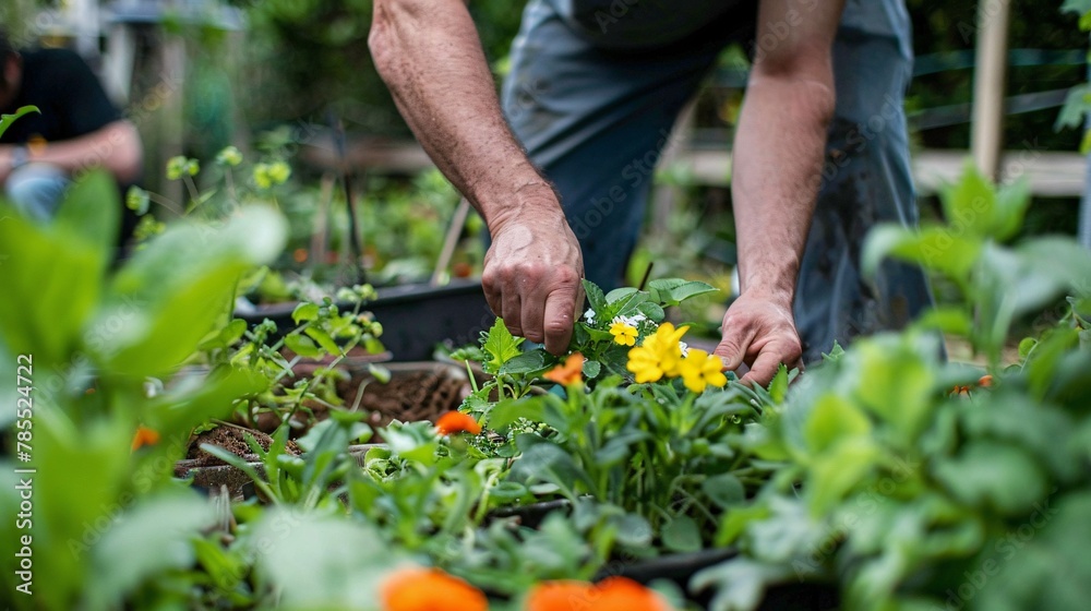 Fototapeta premium Hands planting flowers and plants in a sunny garden 01