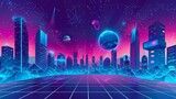 Future virtual reality background with cityscape simulation and planets in the sky at night, futuristic cartoon illustration.