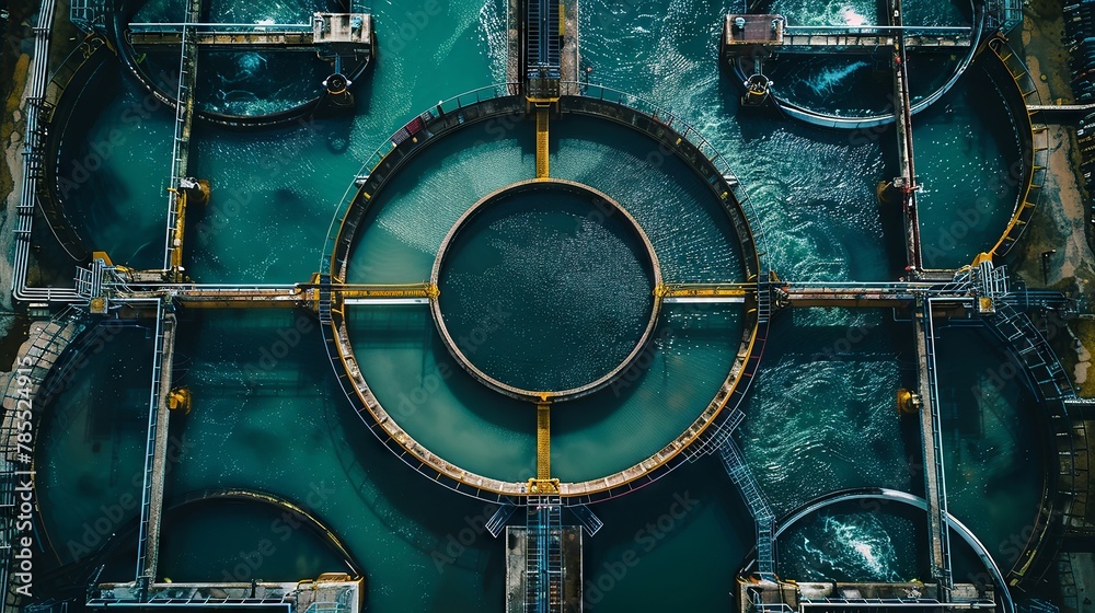 Overhead view of industrial wastewater treatment pools in daylight