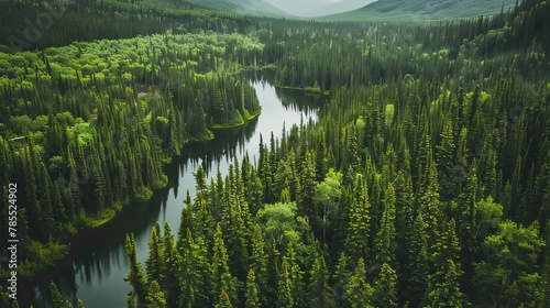 Aerial view of a river flowing through the forest in summer.