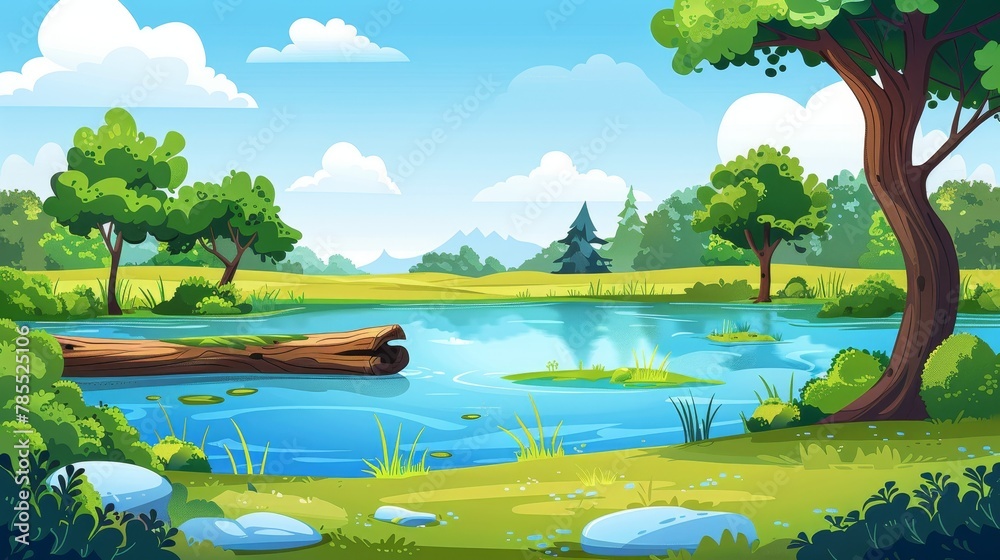 An illustration of a summer landscape with green trees, grass, bushes, a pond, and an ice-cold wooden log in water. Fields, stream coast, and clouds in the sky. An illustration of a summer landscape with green trees, grass, bushes, a pond, and an ice-cold wooden log in water. Fields, stream coast, and clouds in the sky.