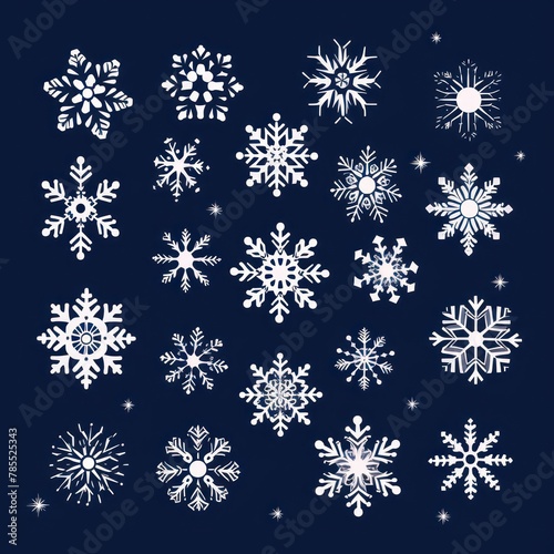 White snowflakes on a navy blue background, a flat vector illustration in the simple minimalist style of a cute cartoon design with simple shapes