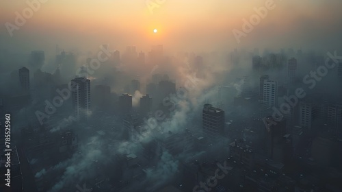 Urban Sunset Amidst Smog. Concept Urban Landscapes, Smog Pollution, Sunset Beauty, City Skylines, Environmental Impact