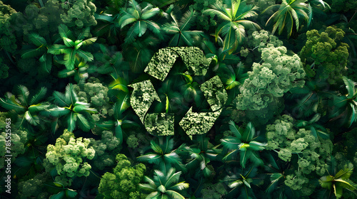 Recycling symbol in the middle of a beautiful untouched jungle. ecology cycle concept photo