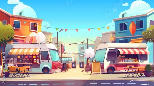 The modern illustration of the street food festival poster shows vendors selling coffee and cotton candy, tables and chairs. This invitation flyer shows vans selling drinks and snacks. photo