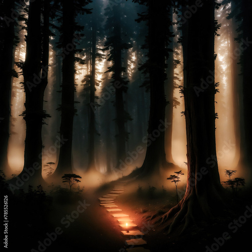 a highly detailed magical and enchanted fairy tale forest environment surrounded with a mysterious fog with cool and warm lights created with using Generative AI Technology