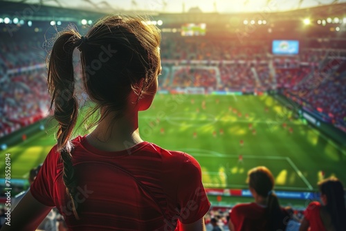 Young girl watching a soccer game from the stands at the stadium.