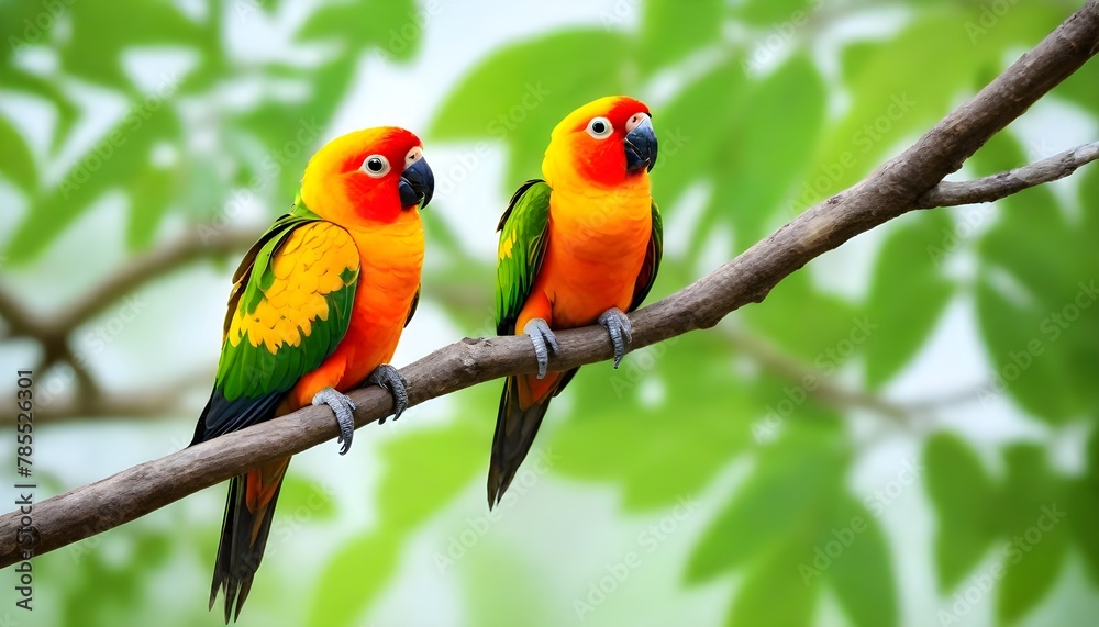 Beautiful colorful sun parrot birds on the tree branch