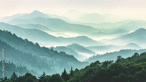Hazy perspective of a mountain vista, showcasing misty peaks and dense woodlands unaltered by human activity 01 photo