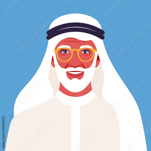 Portrait of an elderly Arab man with a white beard and eyeglasses. Middle Eastern Ethnicity businessman in national clothes. Vector flat illustration