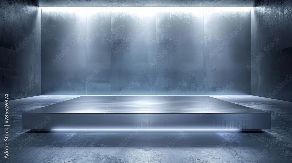 Fototapeta premium A bare room features a central metal platform, concluded by a radiant light beaming at its terminus