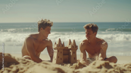 Twin brothers share a moment of joy while constructing a detailed sandcastle along the shoreline photo