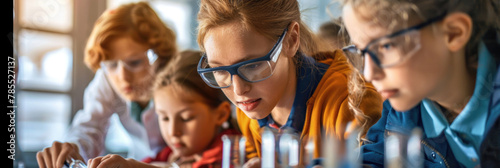 A group of focused students wearing safety glasses conducting a laboratory experiment