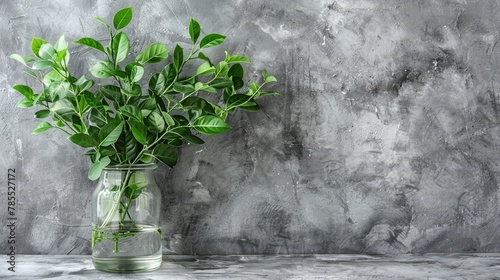  A vase holding green leaves sits atop a table, near a gray wall, with another gray wall behind it