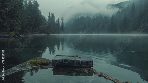   A suitcase atop a rock in a water body, surrounded by trees and shrouded in foggy air © Mikus
