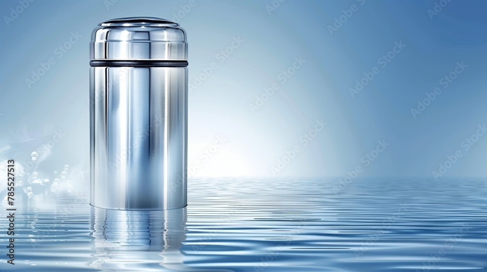 Stainless steel water bottle atop tranquil H2O, surrounded by blue sky and fluffy clouds Stainless steel water bottle atop tranquil H2O, surrounded by blue sky and fluffy clouds