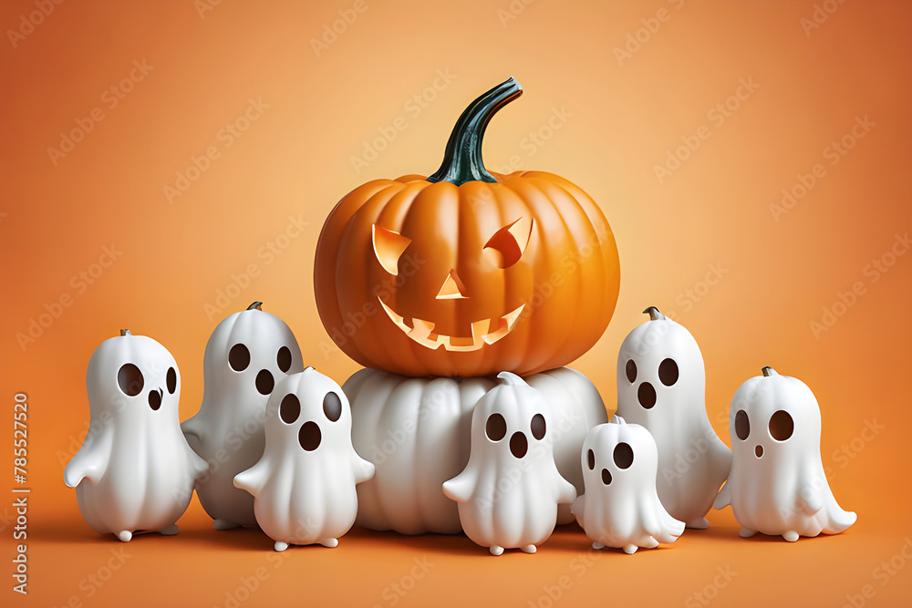 Funny orange pumpkins and white Halloween ghosts on an orange background