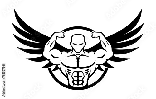 Sport icon muscular athlete angel on white background.