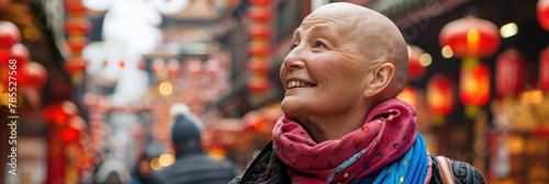 A bald woman wearing a scarf around her neck photo