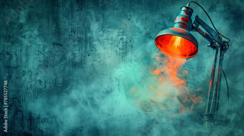  A red light atop a metallic pole, situated amidst a cloud of smoke, near a blue wall