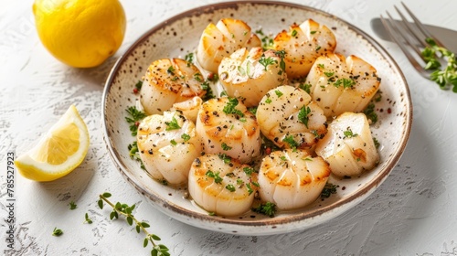   A white bowl holds scallops, generously garnished with herbs Nearby sits a lemon and a fork