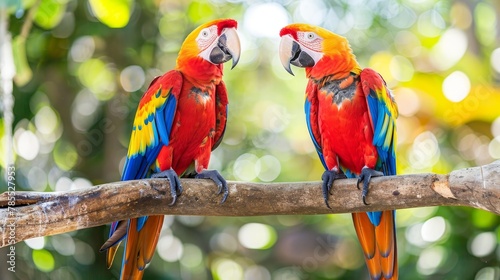 Scarlet macaw pair perched on branch, facing each other, with blurred background and space for text. © Ilja