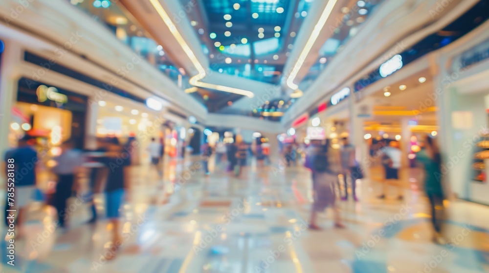 Blurred view of a crowded shopping mall with dynamic crowd activity